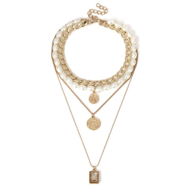

chokers women layered necklace vintage coin faux pearl choker chains necklaces for jewlery, Golden;silver