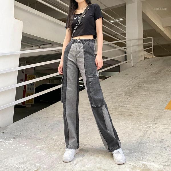 

seasons pocket patchwork loose casual women trouser hip hop slim jeans 2020 autumn straight version denim cargo pants aspa820411, Blue