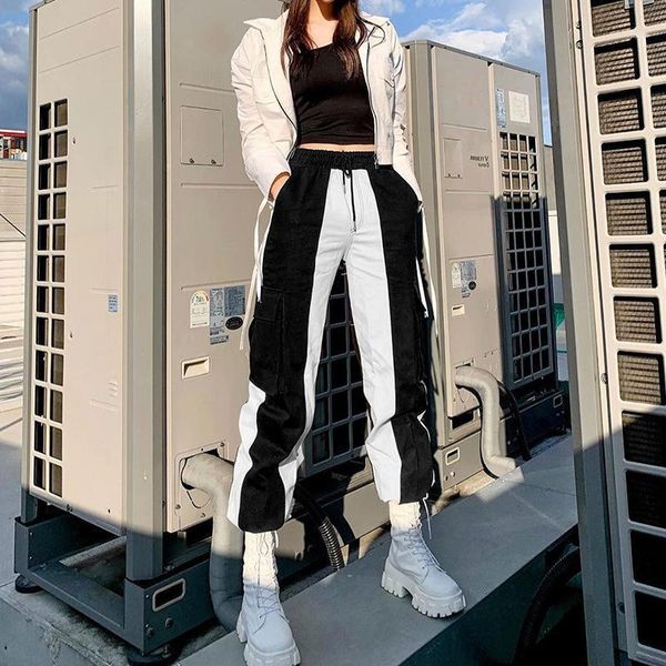 

streetwear drawstring cargo pants women patchwork jeans baggy casual pockets denim trousers contrast color trousers1, Black;white