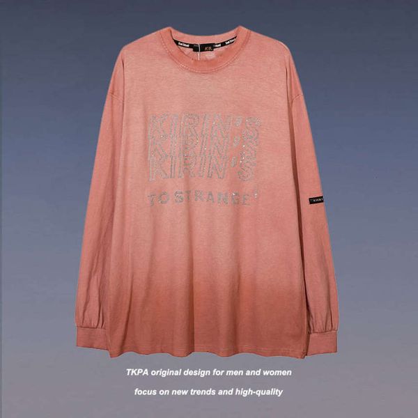 

Tkpa diamond inlaid letter long sleeve t-shirt men's and women's fashion couple's high street gradient thin sweater, Black