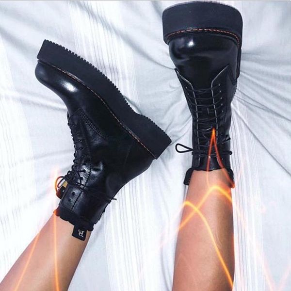 

boots cross-tied women black leather autumn winter shoes woman ankle knight booties cozy platform motorcycle botines mujer 2021