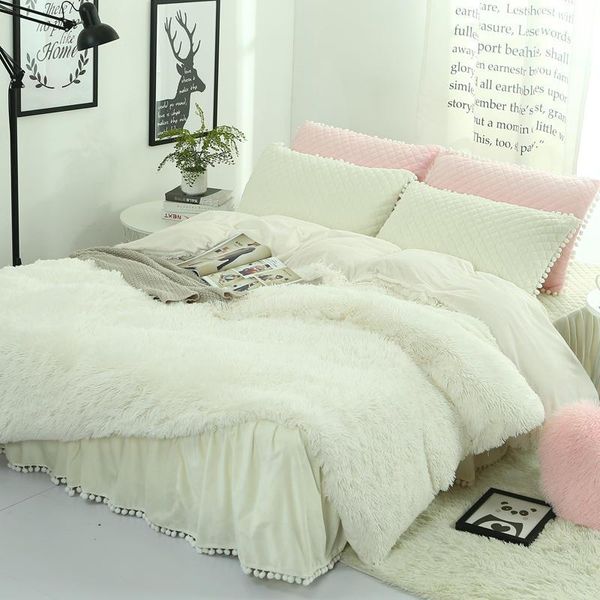 

bedding sets long hair shaggy winter set cashmere duvet cover skirt pillowcase&camel bed thinken bedcloth warm fleece