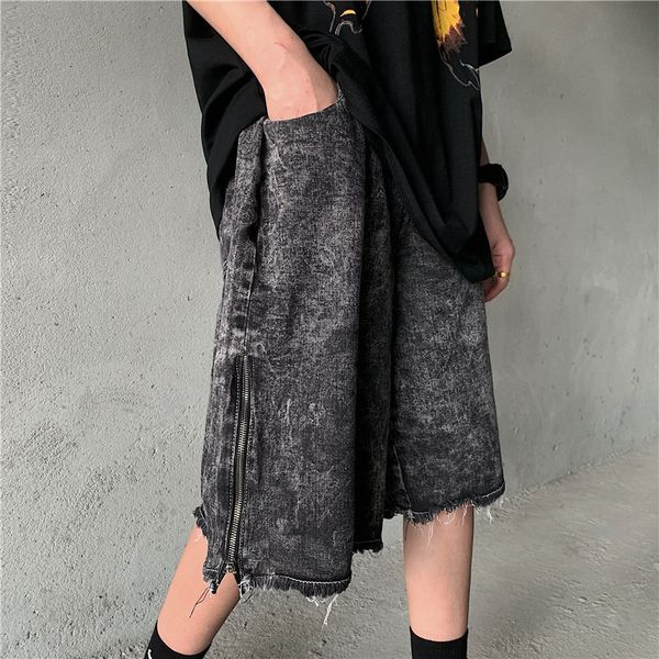 

side zipper, rough edge jeans shorts, men's trendy brand, hip hop pants, wash water, make old straight pants, Blue