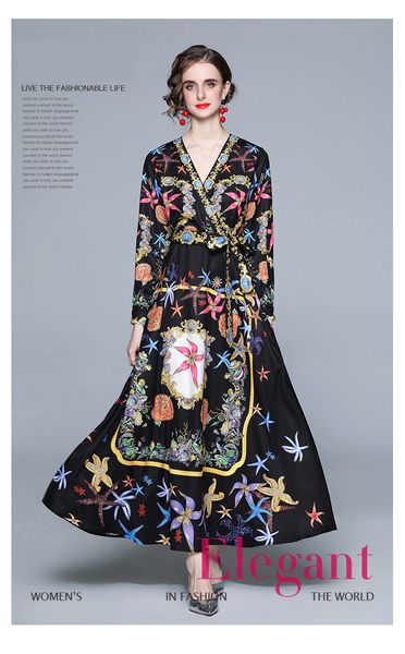 

2021 new fashion lady's robe style dresses,nice retro palace printing dress of women's,long sleeve v neck sliming dresses, Black;gray