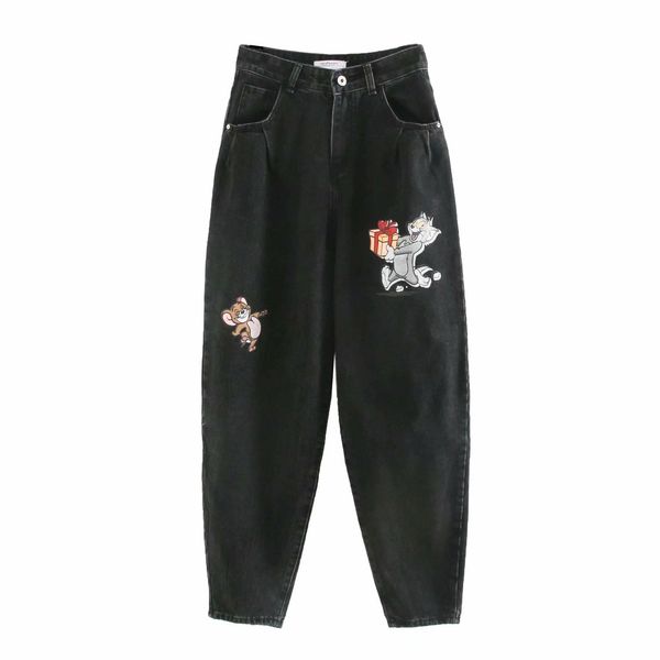 

jeans women pants england style high street vintage cartoon print cat high waist jeans female casual denim trousers daddy pants y1214, Blue