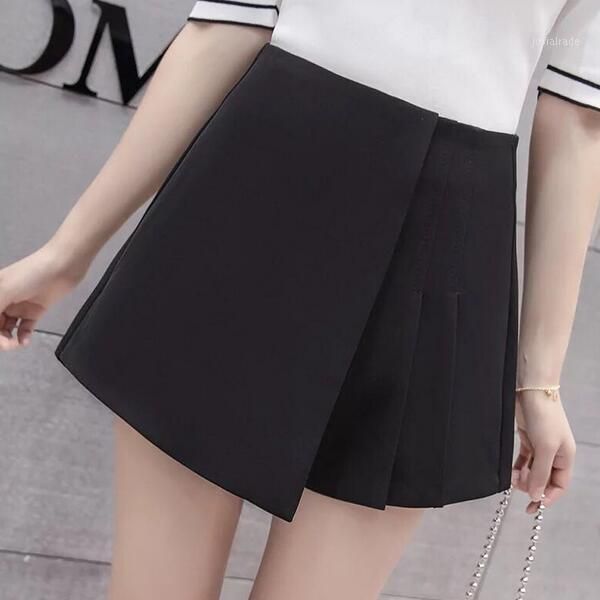 

women's shorts solid color high waist pleated skirt 2021 spring summer irregular wide leg for women ladies slim short pants dc5401, White;black