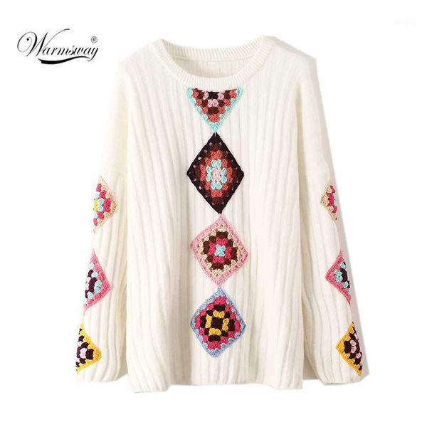 

2020 fall winter new arrival plus size loose knitted o-neck long sleeve casual handmade hook flowers pullover c-1461, White;black