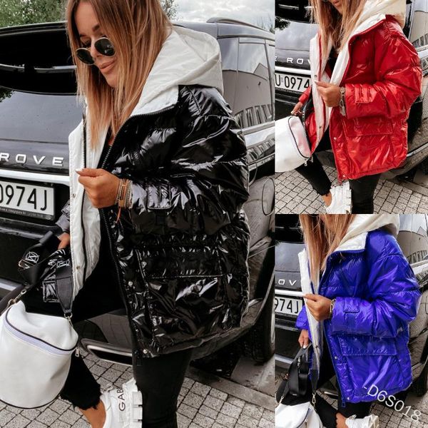 

lugentolo shiny parkas women plus size winter coat zipper long sleeve hooded thick warm jackets, Black
