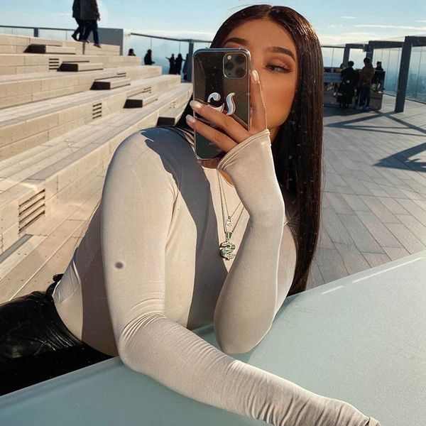 

6 colors highly recommend kim same ultra-high elastic no neckline brushed long sleeve t-shirt drop shipping, White