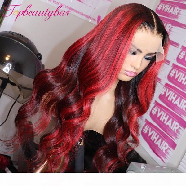 

lace frontal highlight human hair wig brazilian ombre red burgundy lace frontal wigs preplucked remy wavy human hair wigs, Black;brown