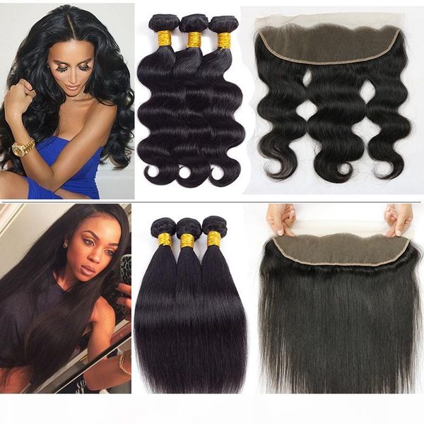 

malaysian body wave straight hair bundles with lace frontal virgin brazilian wet and wary straight human hair front weaves closure with 3pcs, Black;brown
