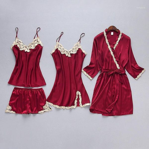 

women pajamas sets satin sleepwear silk 4 pieces nightwear pyjama lace trim sleep lounge pijama with chest pads1, Black;red