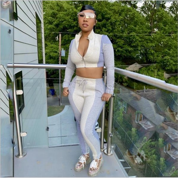 

women's tracksuits 2pcs women ladies casual color block suit long sleeve stand collar zipper coat elastic drawstring stretch pants for, Gray