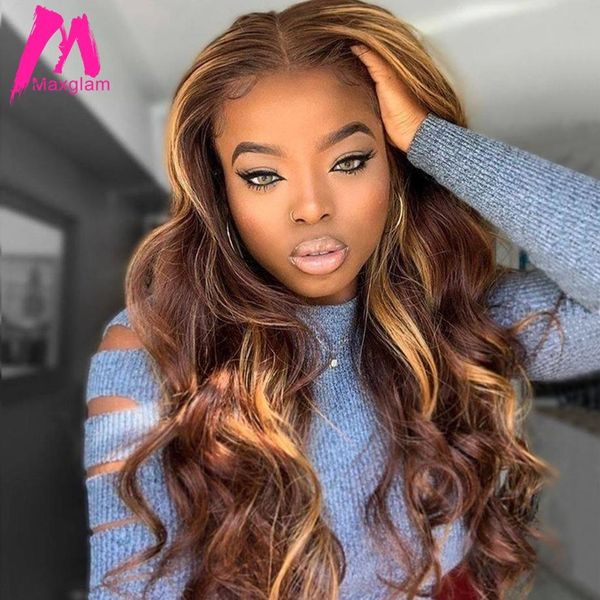 

highlight lace front human hair wigs honey blonde body wave wig brazilian ombre brown remy pre plucked 13x1 lace part for women, Black;brown