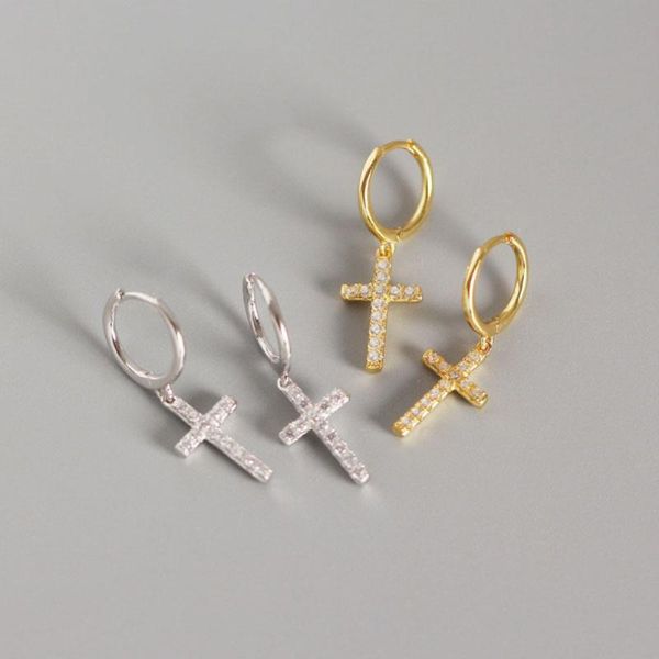 

women 925 sterling silver micro paved cubic zirconia cz stone crystal charm jesus christian yellow gold cross earrings for men, Golden;silver