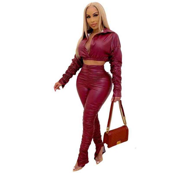 

women's two piece pants pu faux leather stacked 2 set woman's tracksuit elastic hight ruched long sleeve crop and split hem bandag, White