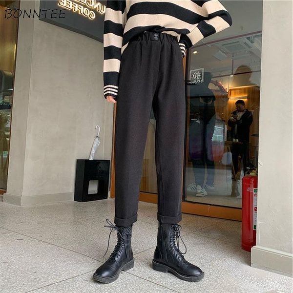 

women's pants & capris women straight elastic waist solid minimalist vintage thicker loose casual female trousers harajuku all-match tr, Black;white