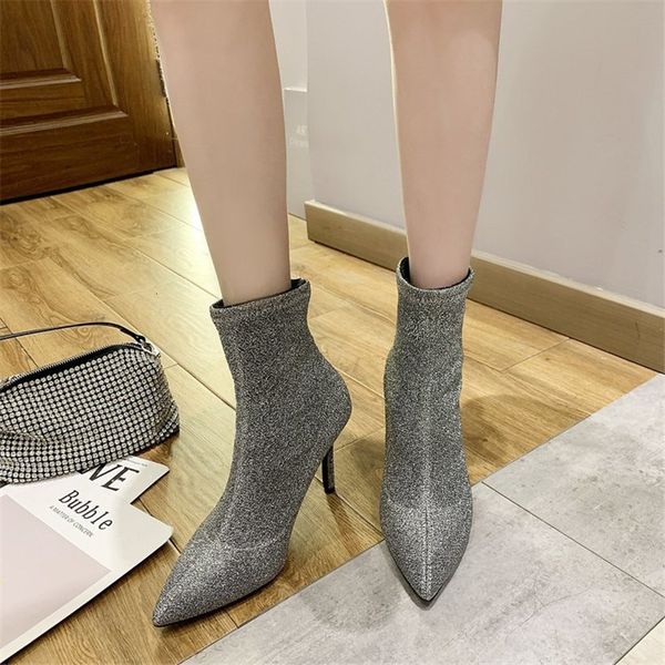 

2021 new autumn female elastic tissue shoes high heels define foot to wear anti-slip comfortable women's boots iwk5, Black