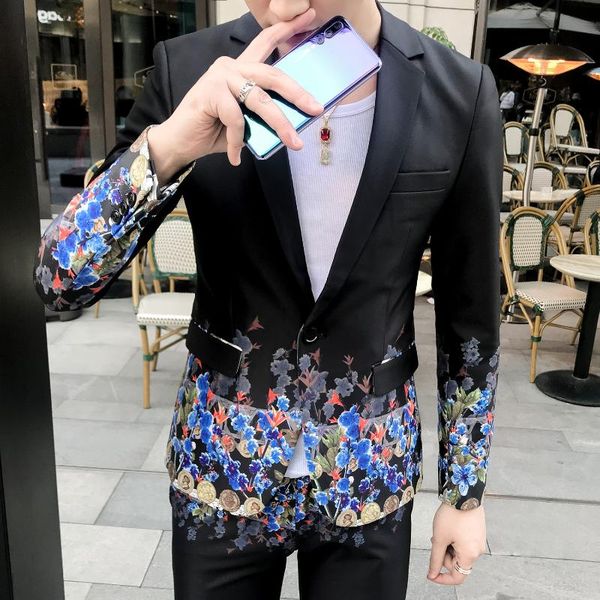 

floral print blazer jacket men stylish dress prom blazers for men casual slim fit dj club stage singer suit blusa masculina, White;black