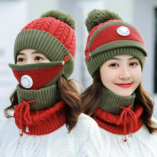 

beanie/skull caps 2021 3 pieces set women's knitted hat scarf neck warmer winter for ladies girls skullies beanies warm fleece, Blue;gray