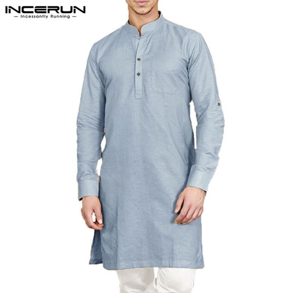 

incerun casual stand collar retro sleeve button cotton long shirt solid color men indian clothes y200408, White;black