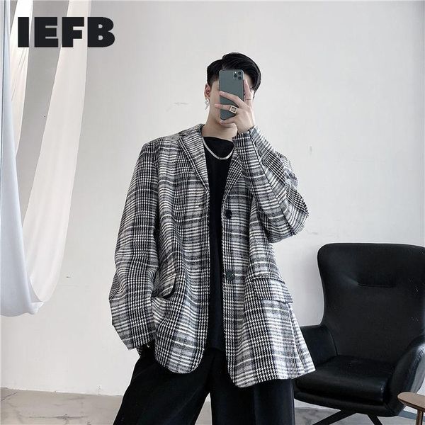 

men's suits & blazers iefb trend fashion personality grey white plaid thick casual suit coat for men 2021 autumn witner woolen loose 9y, White;black