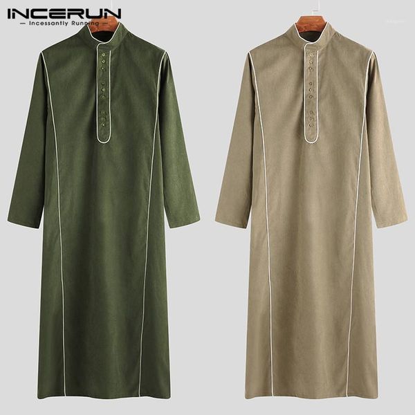 

incerun men muslim clothes islamic kaftan button 2020 long sleeve stand collar solid vintage saudi arabia men jubba thobe robes1, Red