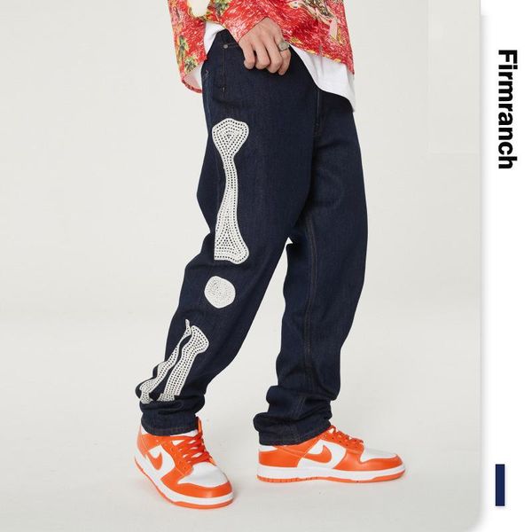 

men's jeans firmranch men/women retro washed embroidery skeleton pants ins american casual straight leg denim loose long dad trousers, Blue