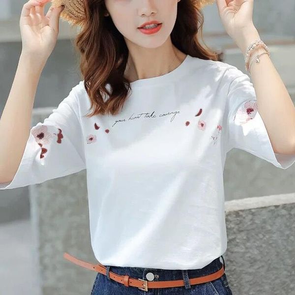 

white t shirt women summer shirt embroidery 100% cotton short sleeve ladies casual solid color pink