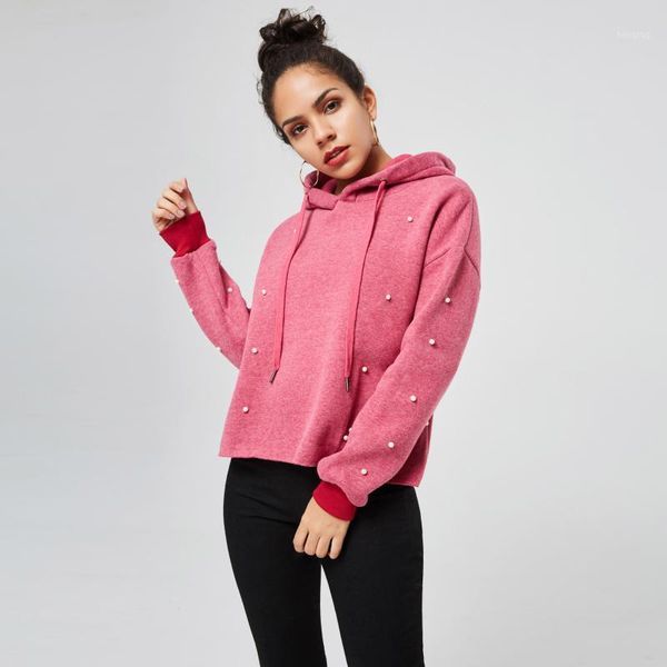 

simple bead decor pullover women's hoodie casual sports fleece girls hooded sweatshirt fashion spring fall female loose 1, Black