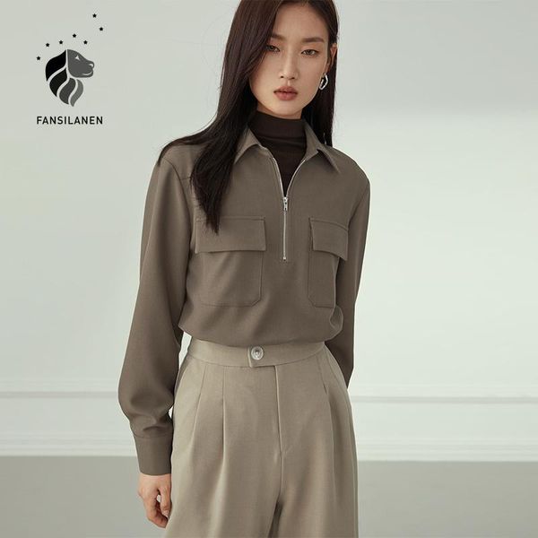 

fansilanen zipper casual long sleeve blouse shirt women pocket work korean style vintage female autumn winter elegant shirt, White