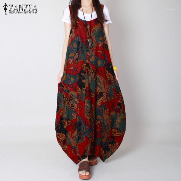 

wholesale- zanzea 2017 summer brand vestidos women cotton vintage flower print dress sleeveless v neck loose plus size dresses robe1, White;black