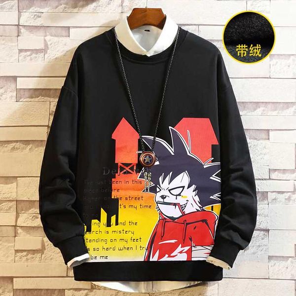 

big size 2xl-8xl 9xl winter men cotton velvet sweatshirts o-neck male pullover print cartoon sweatshirt hoodies 160 cm1, Black