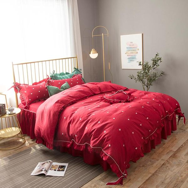 

pure cotton bedding sets red duvet cover sets luxury bed linen princess bed skirt twin full  king luxury wedding bedclothes