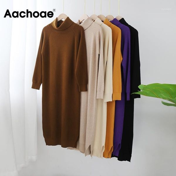 

aachoae solid knitted long dress women autumn winter turtleneck batwing long sleeve dress lady split loose casual vestidos1, Black;gray