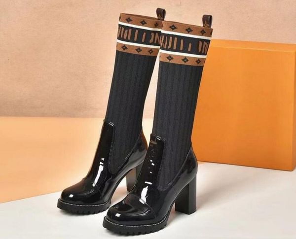 

designer new ladies patent leather high elasticity flying knit woolen boots autumn and winter paris catwalk letter high-heeled boots classic, Black