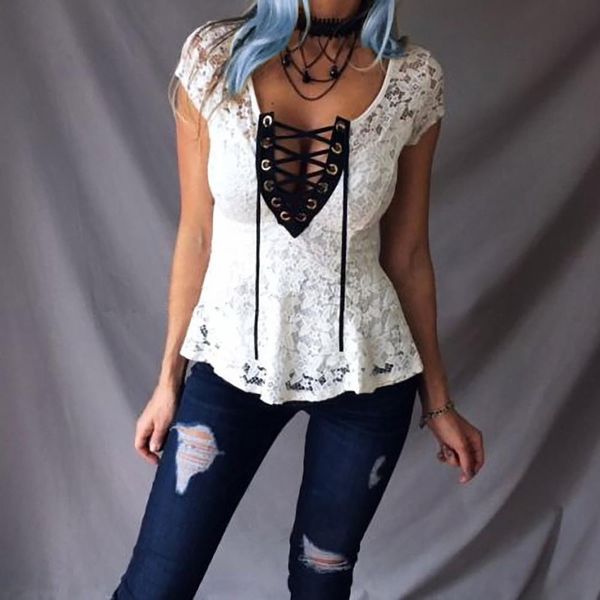

women t-shirt lace deep v bandage translucent hollow out lady tee shirt spring summer short sleeve camiseta mujer q30, White