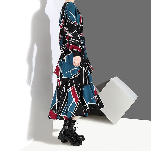 

[eam] 2020 new spring summer round neck sleeve black pattern printed loose irregular hem long dress women fashion ji043 y200805, Black;pink