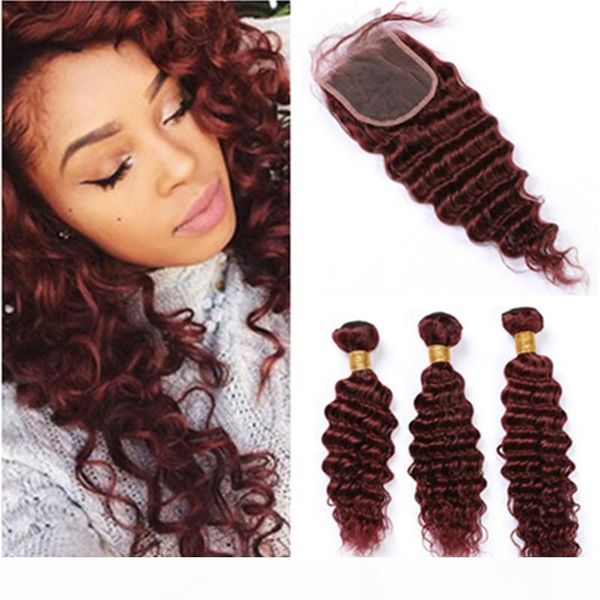 

burgundy red virgin hair lace closure 4x4" with bundles #99j wine red peruvian deep wave weaves human hair 3 bundles with closure, Black;brown