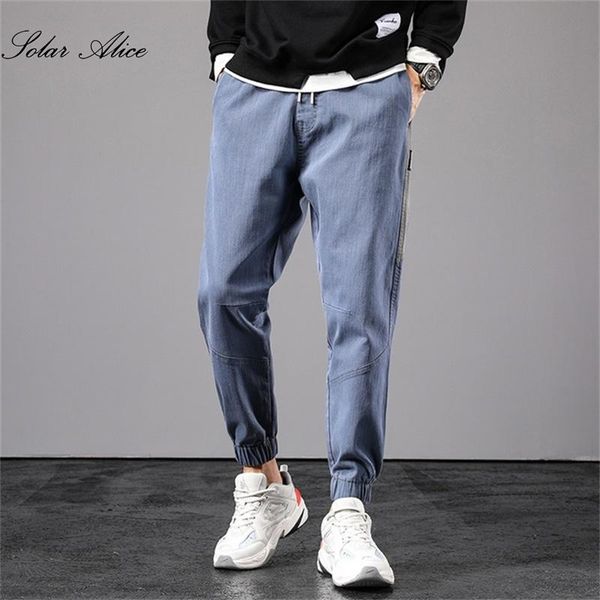 

2021 men's autumn and winter new mid-waist elastic waist small-footed jeans with belted feet harlan youth pants, Blue