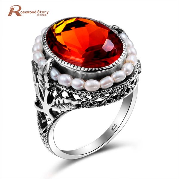 Luxury Brown Stone Natural Pearl Solid 925 Silver Ambra Crystal Ring Punk Wedding Rings For Women Engagement Jewelry Vintage