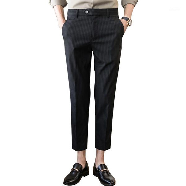 

business mens dress pants korean style striped trousers slim ankle length pantalon mens new fashion suit pants men's work1, White;black