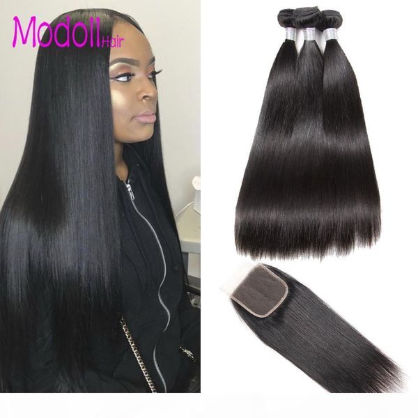 

brazilian straight hair bundles with closure 4 pcs natural color hair weave 8-28 30 32 inch remy human hair 3 bundles with closure, Black;brown