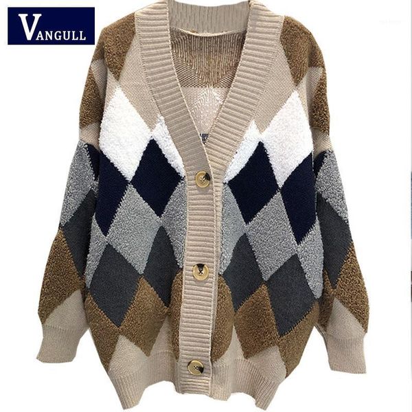 

women sweaters autumn winter 2020 fashionable casual plaid v-neck cardigans single breasted puff sleeve loose sweater1, White