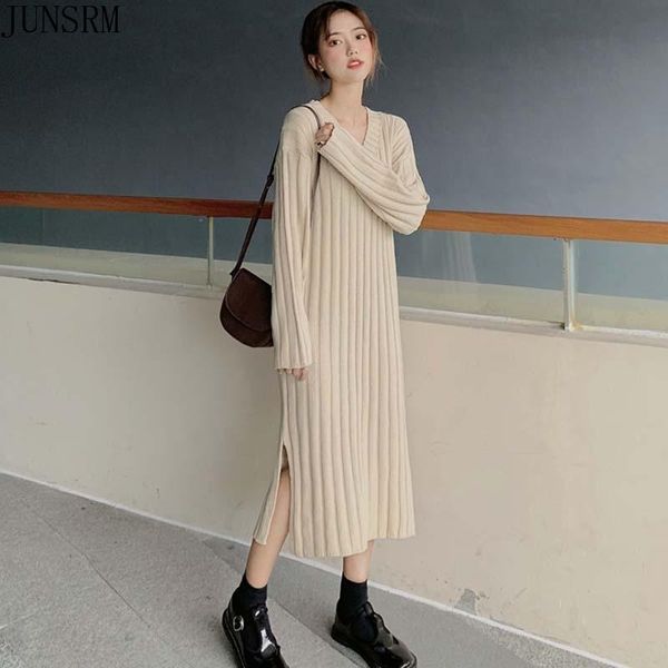 

2021 winter women long sleeves sweater dresses korean elegant v-neck office ladies knitted dress one-piece woman dress vestidos, Black;gray