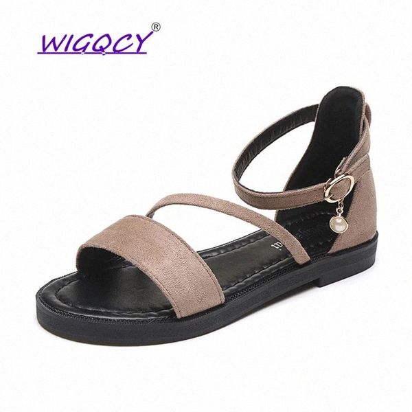 

open toe suede beige flat sandals women 2019 summer shoes women rhinestone buckle strap sandals ankle strap female shoes #mj7y, Black
