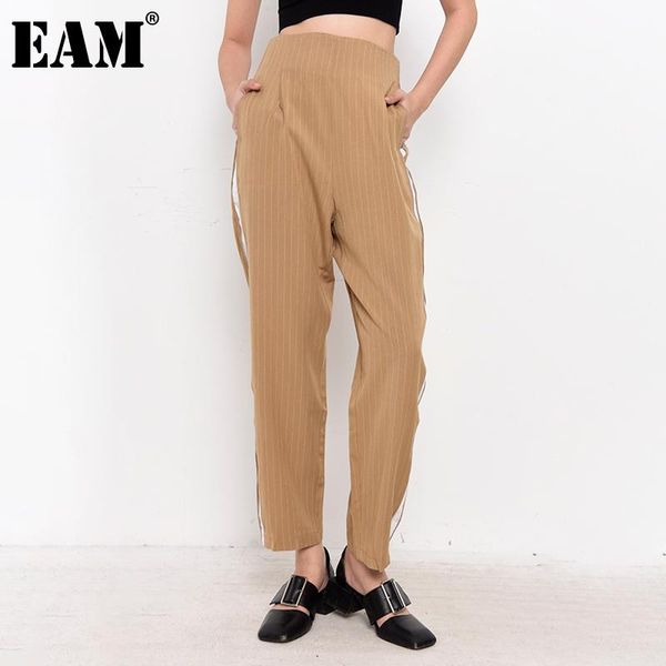 

women's pants & capris [eam] high waist yellow striped split long wide leg trousers loose fit women fashion tide spring autumn 2021 t44, Black;white