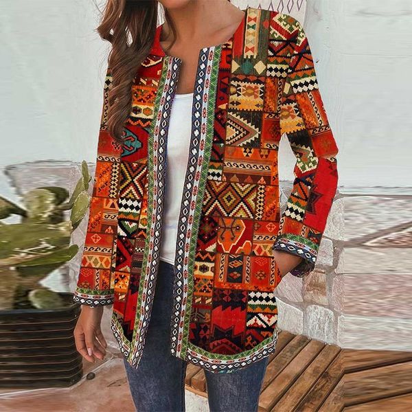

autumn ethnic style floral print women coats vintage plus size cotton o-neck jackets female casual loose lady open stitch 201112, Black;brown
