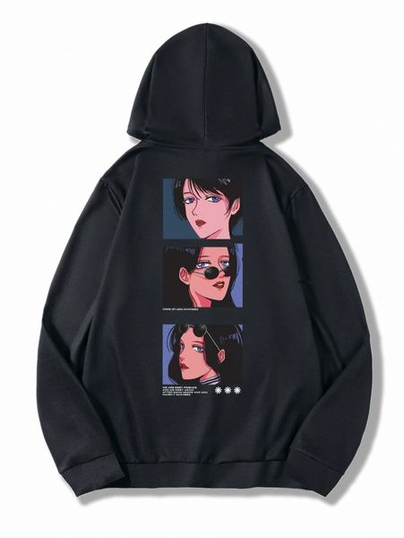 

men figure & slogan graphic kangaroo pocket drawstring hoodie 32a2#, Black