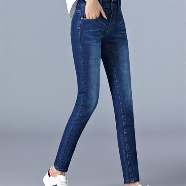 

jeans woman high waist full length plus size elastic mom skinny pencil female denim pants 5xl 6xl, Blue